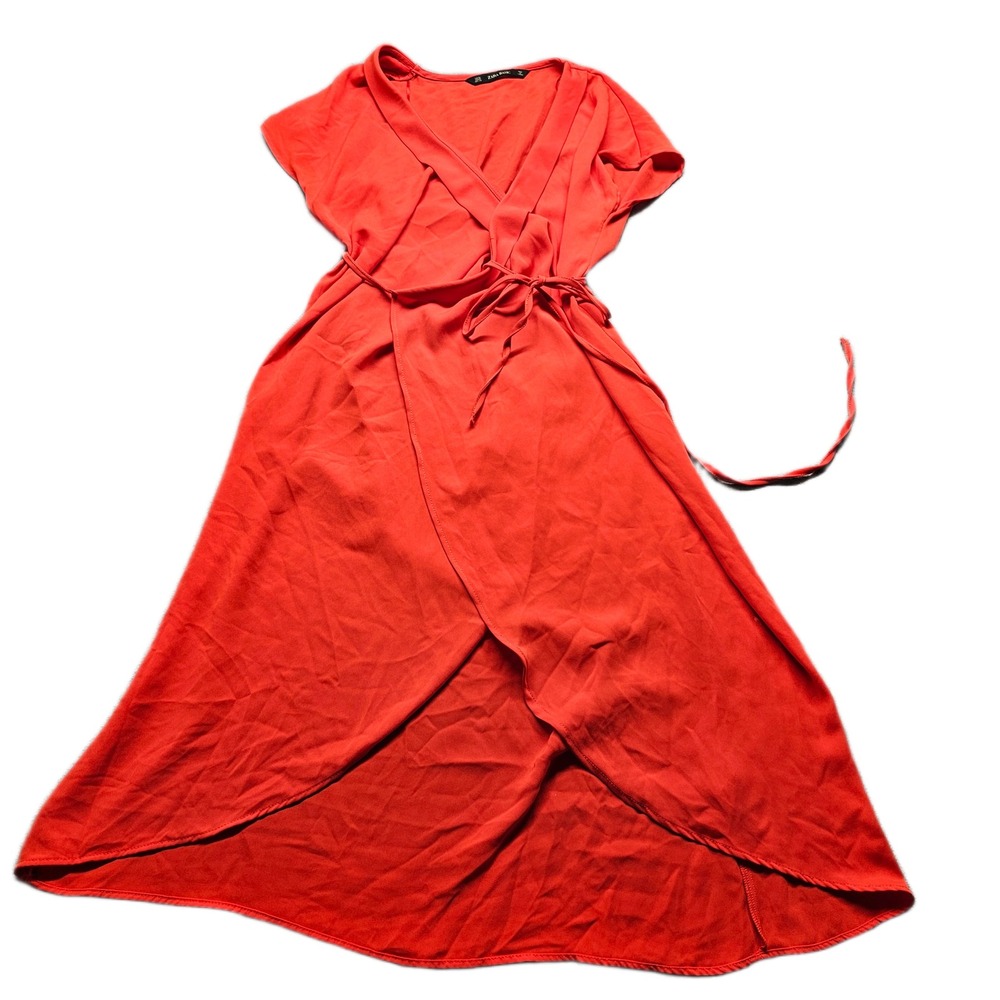 Zara Basic Wrap Dress Women's XS Red Cap Sleeve High Low Tulip Hem Tie Waist